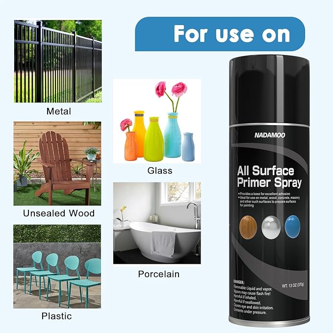 NADAMOO All Surface Primer Spray, One-Part Epoxy Primer Matte Black, 1 Can, Enhance Adhesion for Multi Surface - Porcelain, Glass, Metal, Plastic, Wood