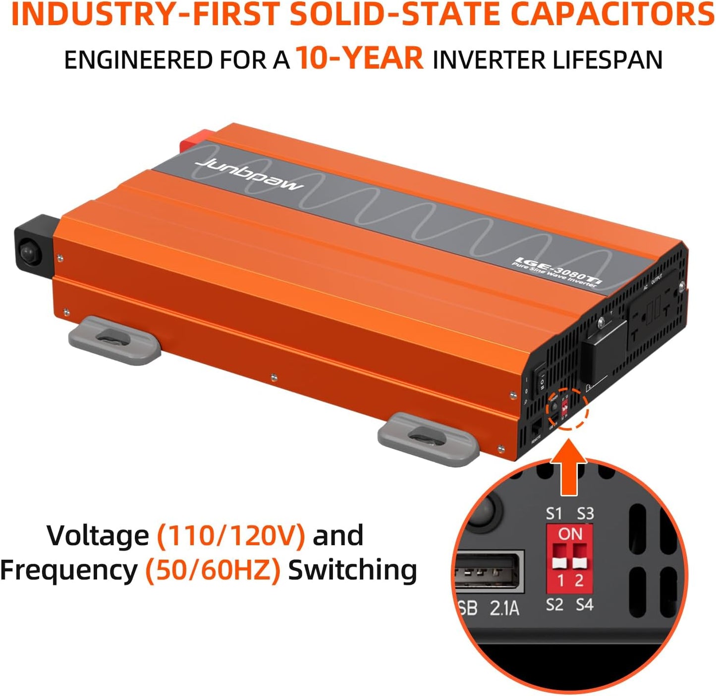 3080 Watt Pure Sine Wave Inverter, Equipment GFCI, 12V DC to 120V AC Converter Built-in 5V/2.1A USB Port for Off-Grid Solar Car RV Truck Boat with Wire Remote Monitor, Pre-Charge Function