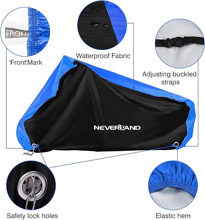 NEVERLAND Motorcycle Cover Waterproof Outdoor - Motorbike Scooter Covers Heavy Duty Medium with Lock-Holes, Bandage, Storage Bag Compatible with Harley Davidson Kawasaki Yamaha Honda Grom (Up to 86”)