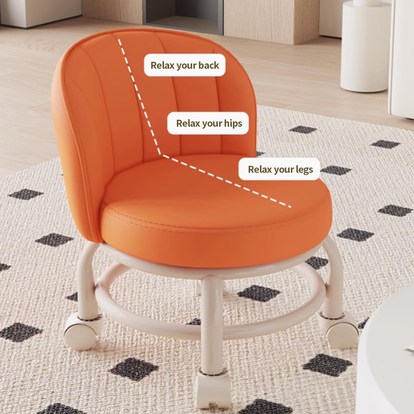 Low Rolling Stool with Backrest,Rolling Pedicure Seat,Low Stool with Wheels for Home, Office, Garage, Shop, Library (Orange)