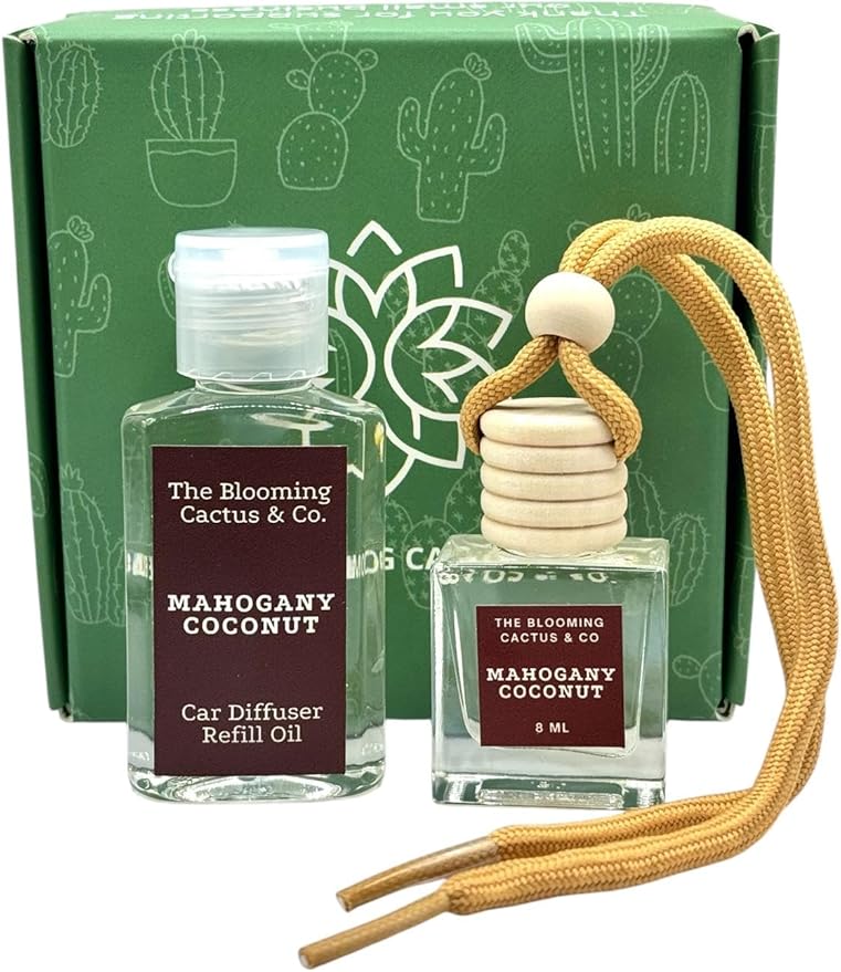 Car Air Freshener with 1 Oz Refill included | Car scented on the go | Car Air Freshener | Long Lasting Hanging Fragrance | Phthalate Free Fragrance. (Mahogany Coconut, 10 ml)