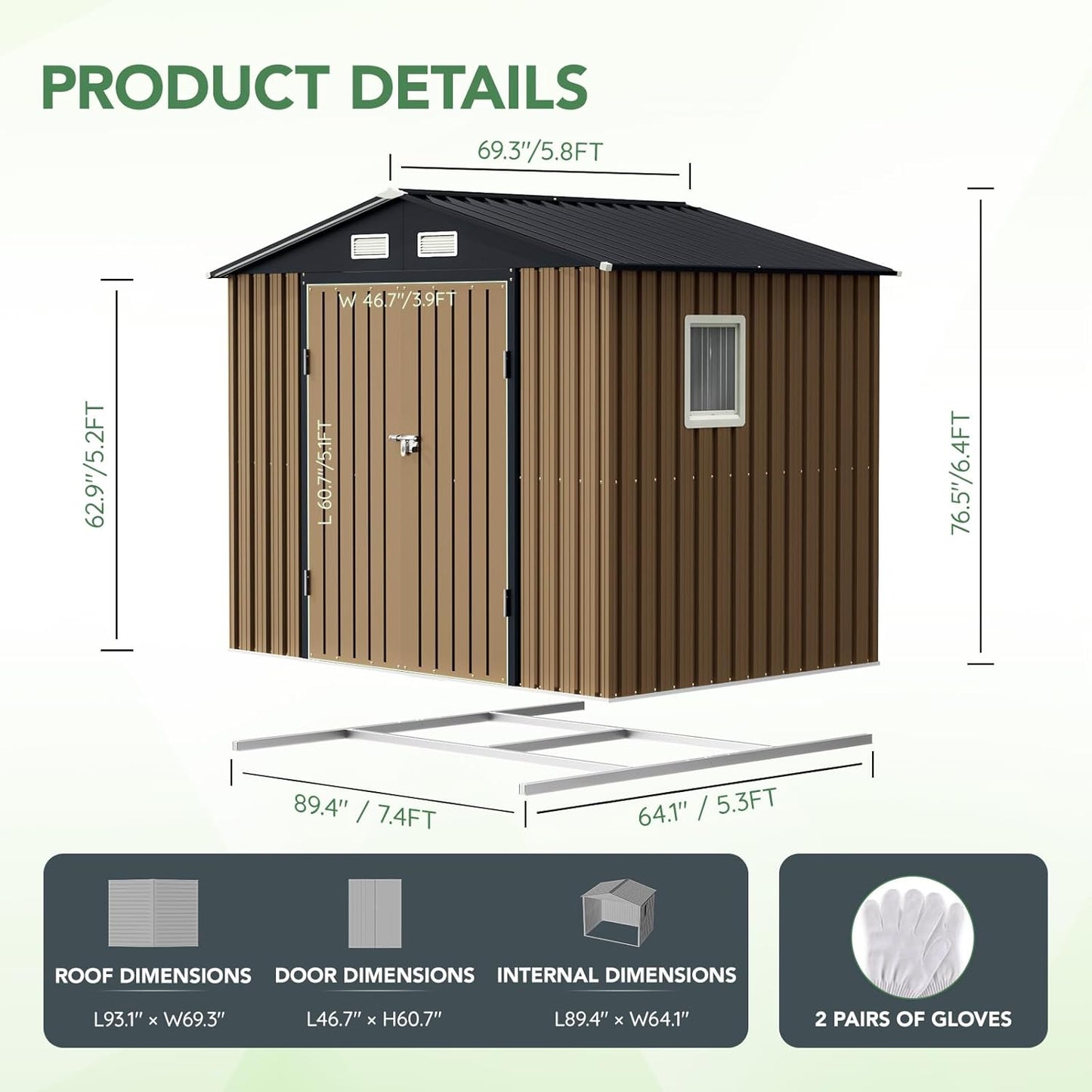 8X6FT Outdoor Steel Storage Shed with Lockable Doors, Frame Floor (No Wood/Other Boards),One Big Window,Ideal for Garden, Backyard, Patio Storage,Brown
