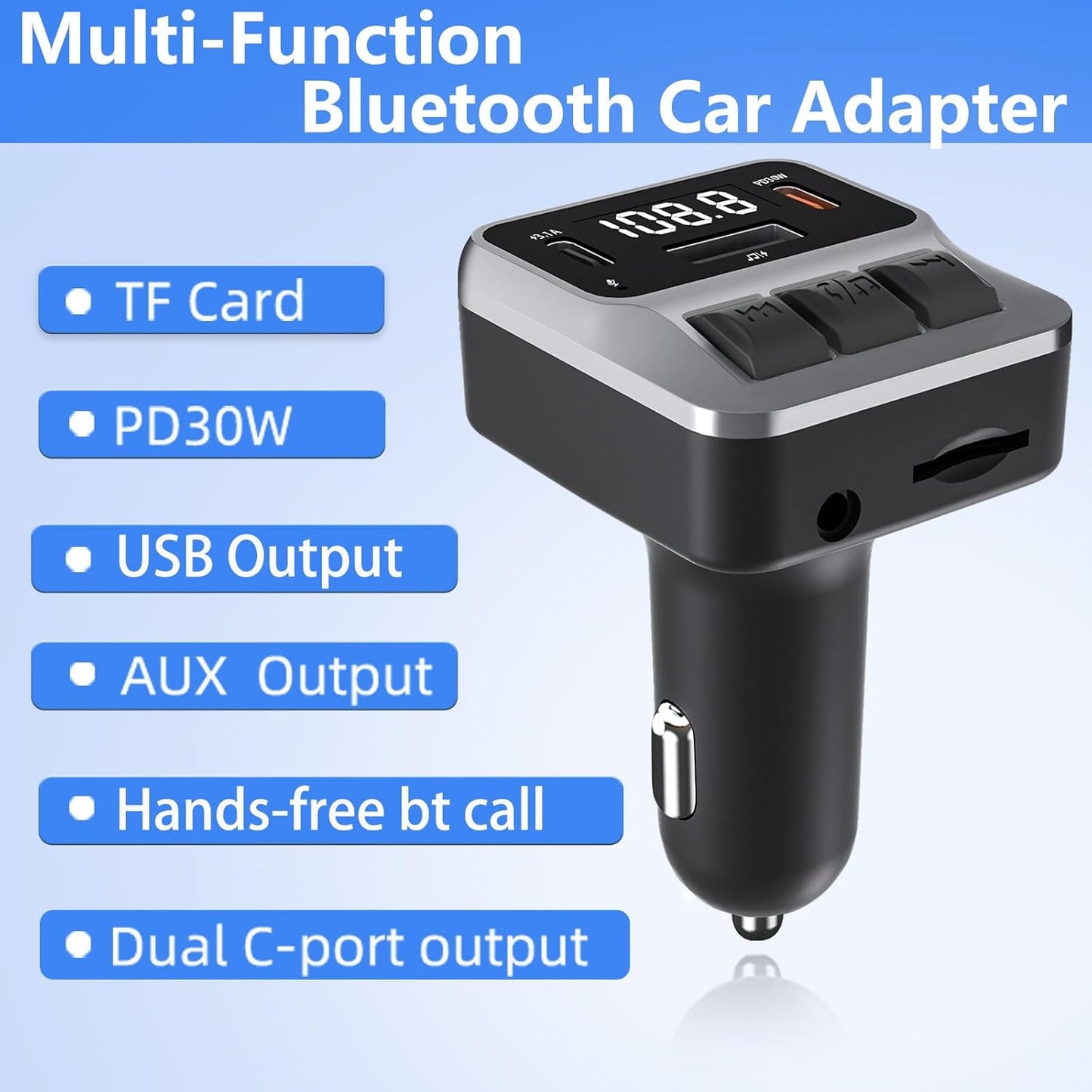 Bluetooth 5.3 FM Transmitter for Car, Bluetooth Car Adapter with Dual Type-C PD(30W) Charger Port and QC3.0 USB Port, Handsfree Calling and Audio Receiver, Support AUX, U Disk, TF Card