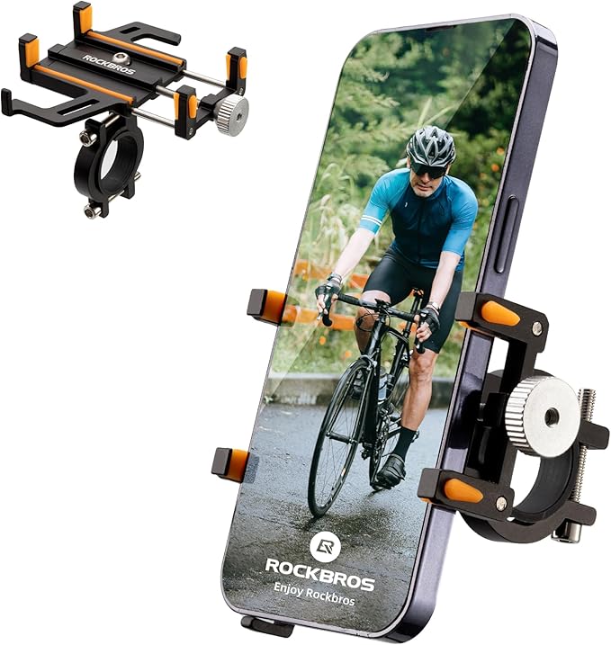 ROCKBROS Bike Phone Holder, Motorcycle Phone Mount, Anti-Shake Cell Phone Holder, 360° Adjustable for iPhone 16, 15 Pro Max/Plus, S9, S10 and More 4.7" to 7" Smartphones，Orange