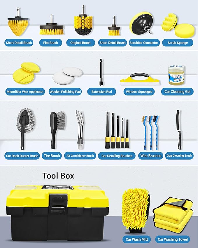 AUTOWN 30PCS Car Detailing Kits, Detailing Brush Set with Drill Brush Attachments and Portable Tool Box, Car Cleaning Kits for Interior, Exterior, Wheels, Windows