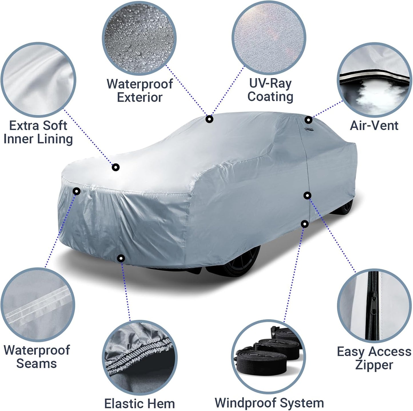 iCarCover 18-Layer Car Cover Waterproof All Weather, Premium Quality Car Covers for Automobiles, UV Protection, El Camino, Impala, Bel Air, Monte Carlo, Galaxie, Charger, Fits 210-216 Inches