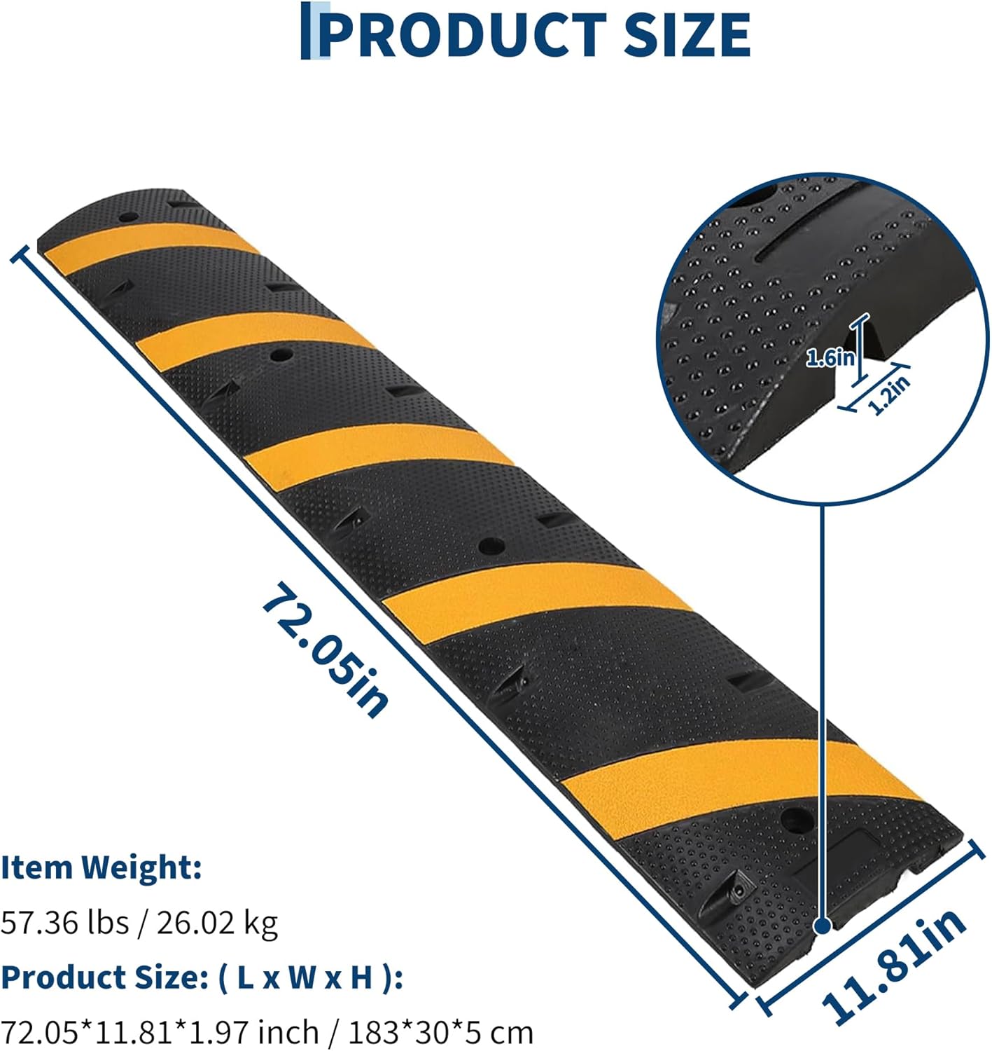 6 ft Speed Bumps Wite End for Road, Heavy-Duty 25,000 LBS Capacity Traffic Rubber Speed Humps with 2 Channel Floor Cord Cover for Asphalt Concrete Gravel Driveway Road