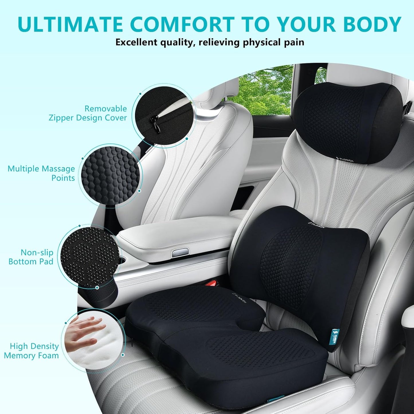 FLORICH 3 PCS Seat Cushion for Carseat Lumbar Support Pillow Car Neck Headrest Pillows Memory Foam Seat Pads Pressure Relief Back Cushion for Office Chair(Black)