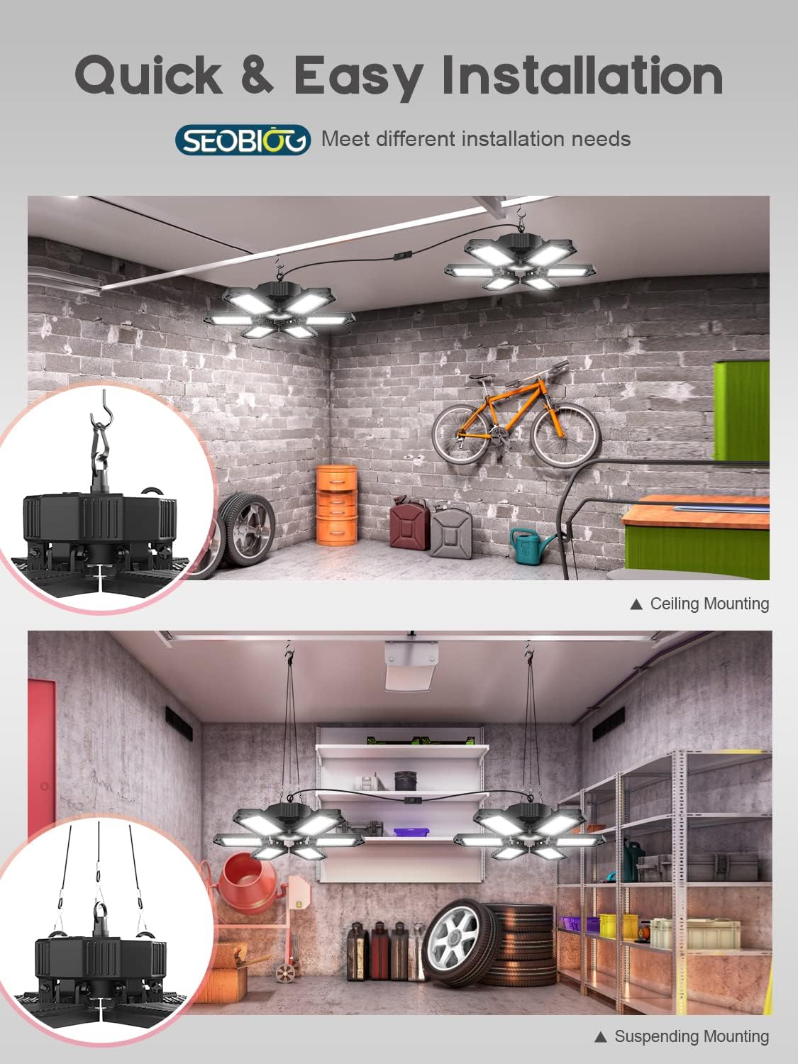 SEOBIOG LED Garage Lights 4 Pack, 200W 20000LM Plug in Linkable LED Shop Light, 6500K Ceiling Light Fixtures with 6+1 Deformable Panels for Garage, Work Bench (Built-in ON/Off Switch)