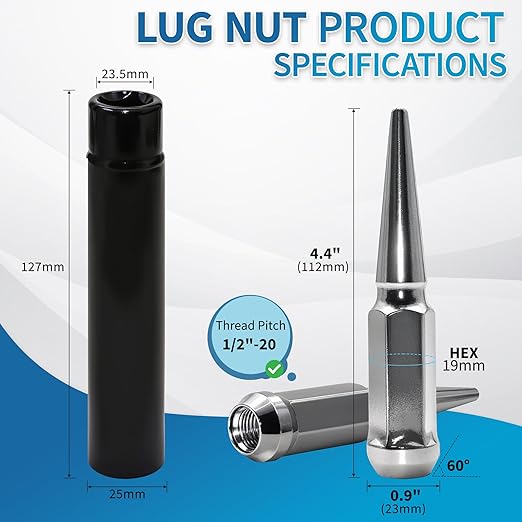 1/2"-20 Chrome Silver Wheel Spike Lug Nuts, 32 PCS Lug Nut Wheel Accessories with 1 Socket Key, Thread Spiked 4.4" Long Closed End Nuts Compatible with Wrangler Cherokee Explorer