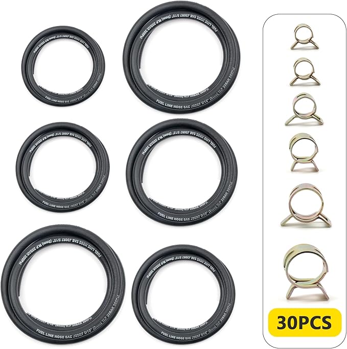Fuel Line Hose 6PCS With 30Pcs Clamps, 1/8" 3/8" 5/16" 1/4" 1/2" 3/16" ID Push Lock Rubber NBR Fuel Line For Lawn Mowers/Cultivator/ATV's Tractors And Other Small Engine Equipment 5FT