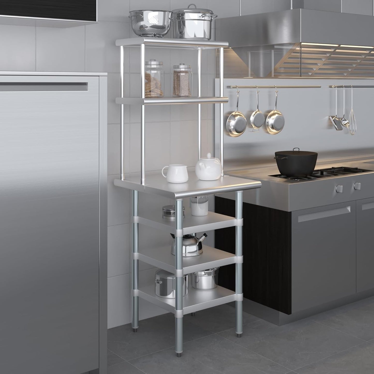 Amgood 24" x 24" Stainless Steel Work Table with 3 Shelves and 12" Wide Double Tier Overshelf | Metal Kitchen Prep Table & Shelving Combo | NSF