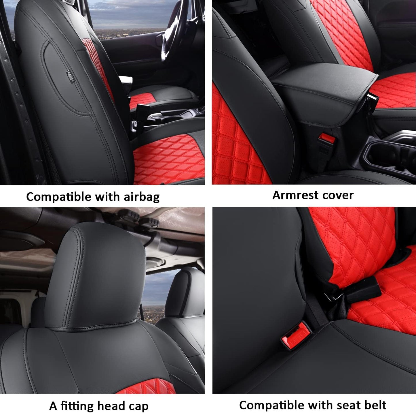 GIANT PANDA Fit Full Set Car Seat Covers for Jeep Wrangler 4 Door JL Sahara Sport Rubicon Unlimited Willys 2018 2019 2020 2021 2022 2023 2024 2025 Without Rear Cup Holder,Faux Leather (Black+Red)