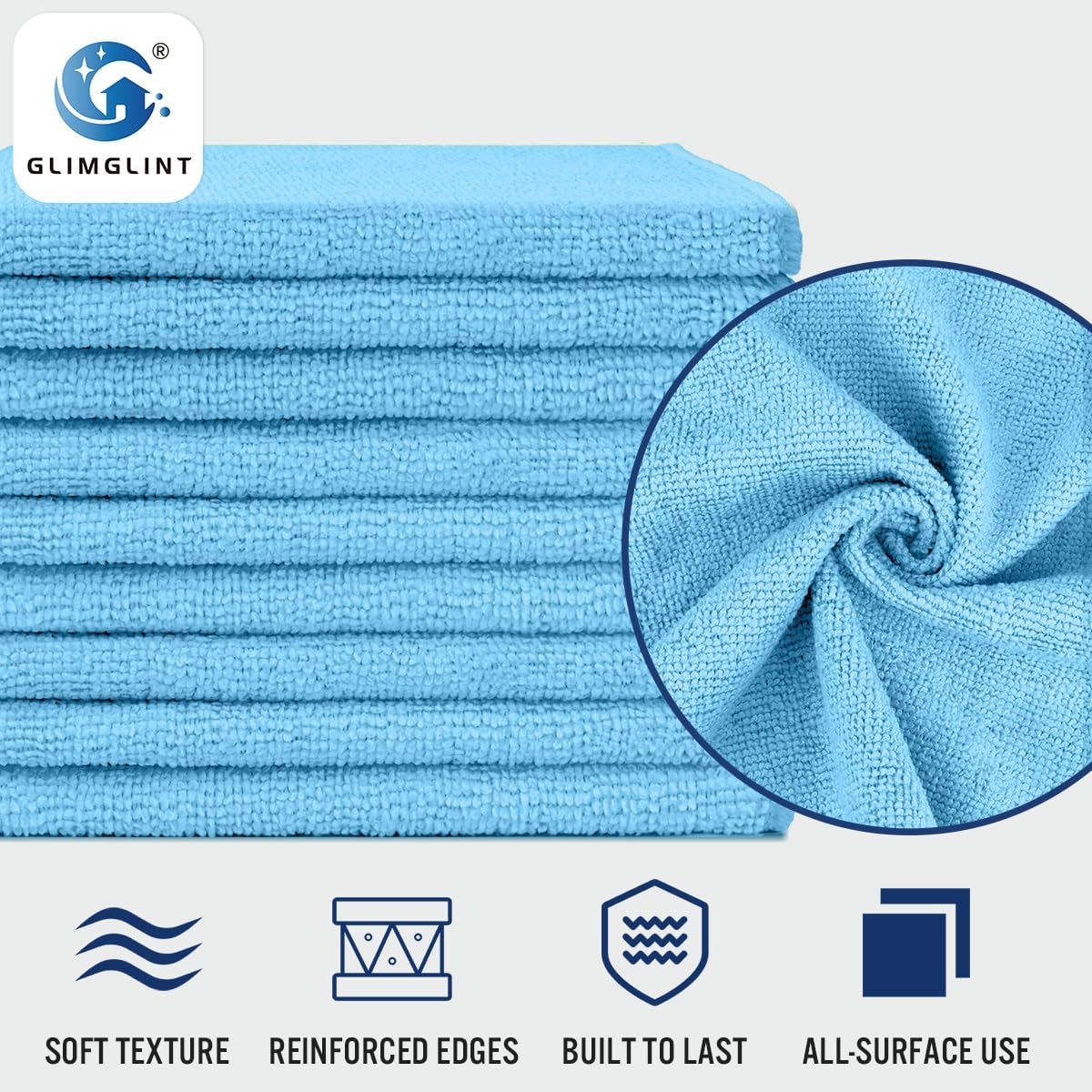 GLIMGLINT Blue Microfiber Cleaning Cloth, 12 Pack Cleaning Towels for Kitchen, Lint Free, Scratch-Free, Highly Absorbent, and Reusable Cleaning Rags for House, Window and Glass, Cars, 14"X12"