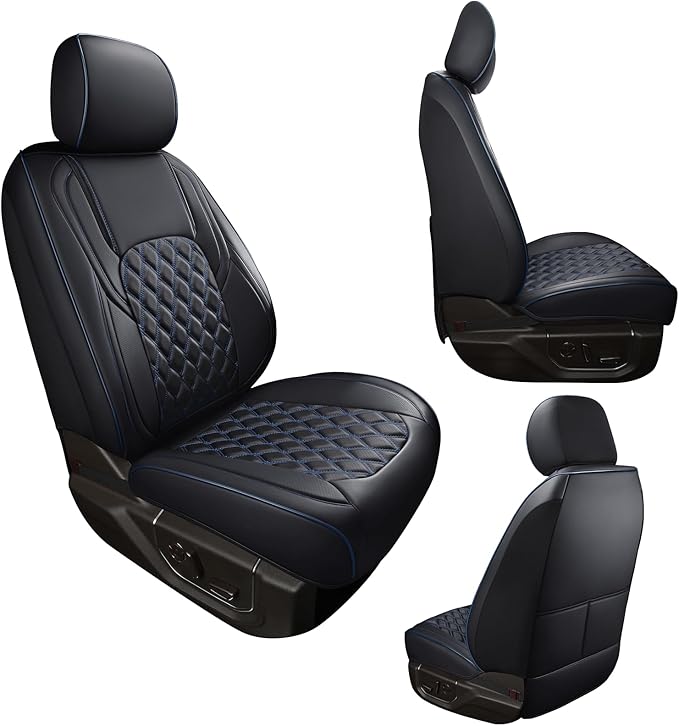 Huidasource Ford F150 Front Seat Covers, Full Coverage Faux Leather Pickup Seat Protector Fit for 2015-2025 Ford F150 SuperCrew & 2017-2025 F250 F350 F450 Super Duty Crew Cab (Front Pair/Black&Blue)