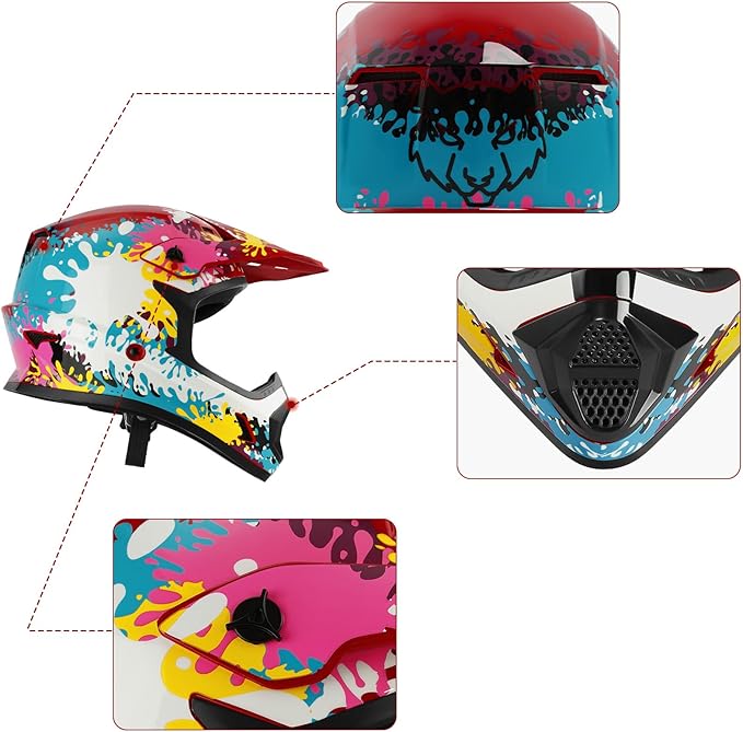 XFMT DOT Youth Kids Dirt Bike Helmet Full Face Motocross Helmets for Off-Road ATV Street Bike Four Wheeler Motorcycle with Goggles & Gloves, Spray Graffiti Small