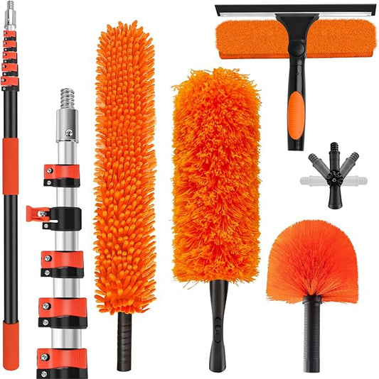 30FT High Reach Duster Cleaning Kit with 5-24 FT Extension Pole,High Ceiling Dusting and Window Cleaning Kit with Microfiber Feather Duster,Cobweb Duster,Ceiling Fan Duster,Window Squeegee Cleaner
