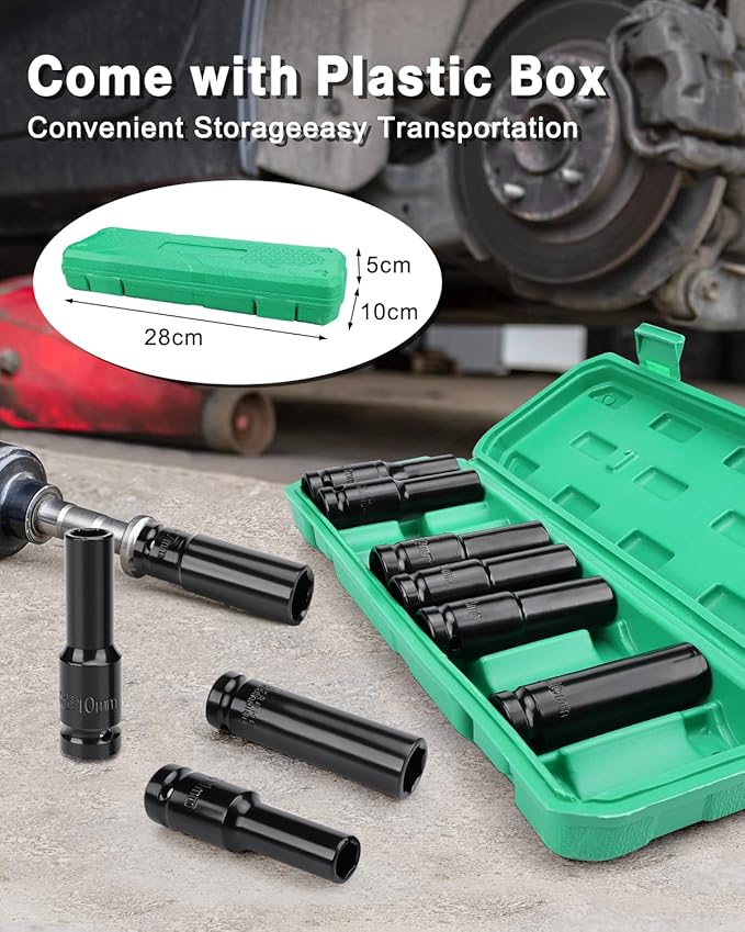 Lytool 10 Pieces 1/2" Drive Deep Impact Socket Set, Metric,Cr-V Steel, 6-Point, 8mm to 17mm, with Storage Cage