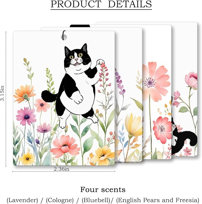 Floral Tuxedo Cat Car Air Freshener 4 Pcs, Black and White Cat Flower Hanging Scents Air Freshener for Women Girls Gifts, Cute Kitten Scented Car Accessories Decor for Room Closet Drawer