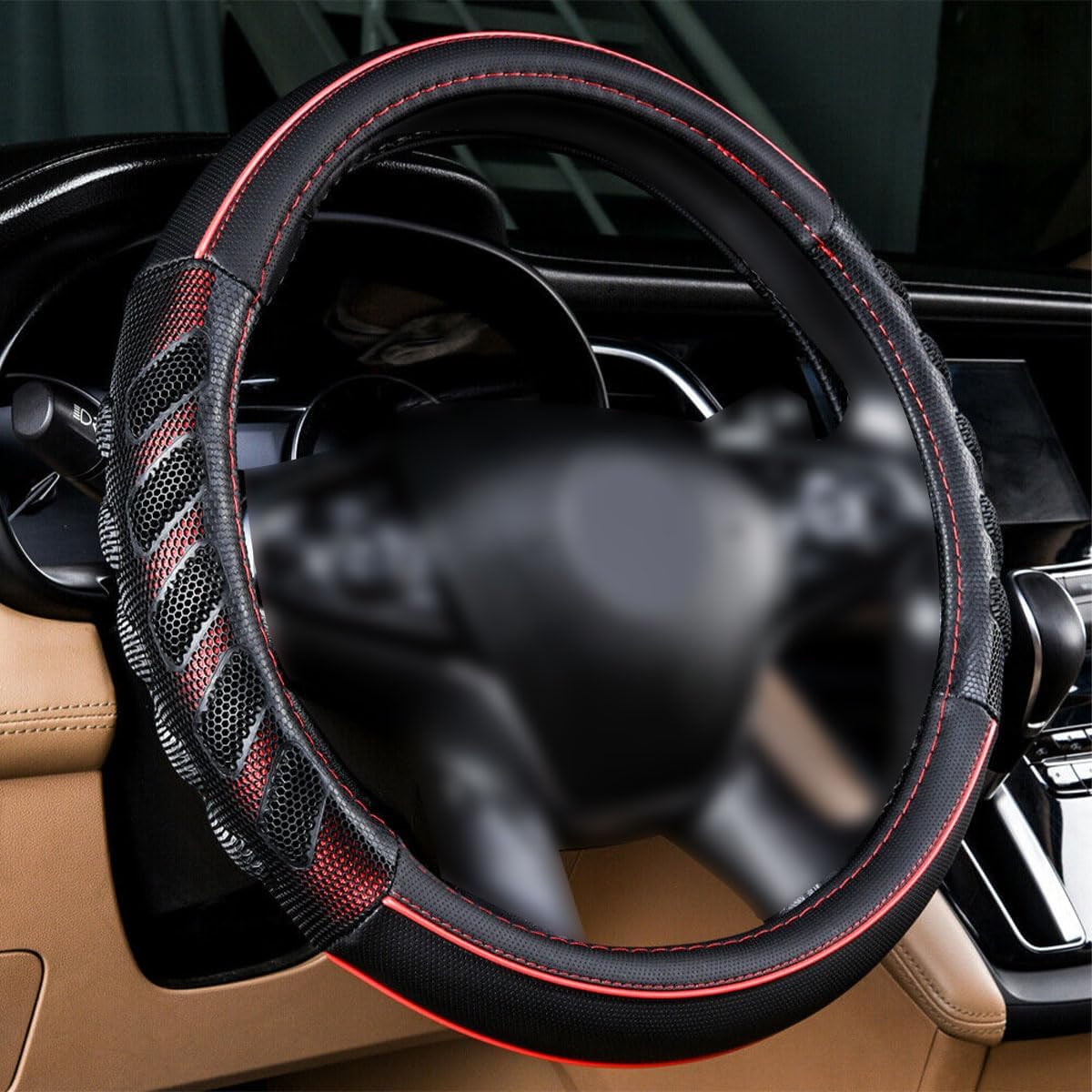 Flying Banner car Steering Wheel Cover Faux Leather Massage Universal fit 3D Honeycomb Hole Anti-Slip Sporty 15 Inches (Red Black)
