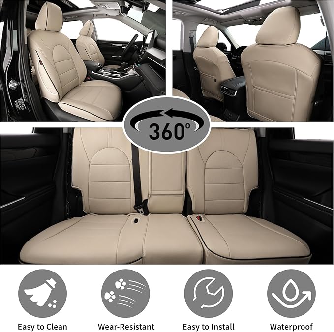 EKR Highlander Seat Covers for SUV Toyota Highlander 2020 2021 2022 2023 2024 2025 2026,2nd Row 40/60 Split,Car Seat Covers Front Seats Back Seat,Leather Seat Covers Full Set-Faux Leather(Beige)