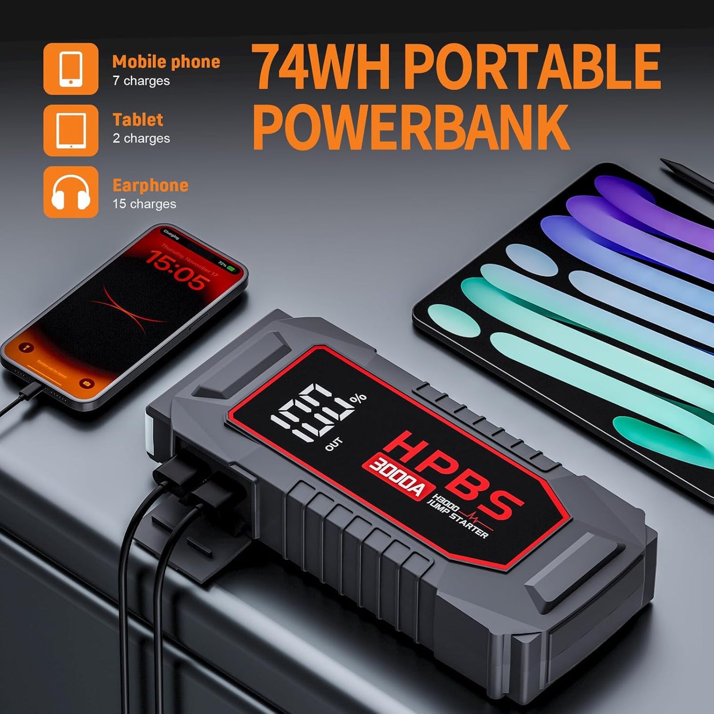 Jump Starter - 3000A Car Battery Jump Starter for Up to 10L Gas and 8L Diesel Engines, 12V Portable Battery Jump Starter Box with 3.0" LCD Display