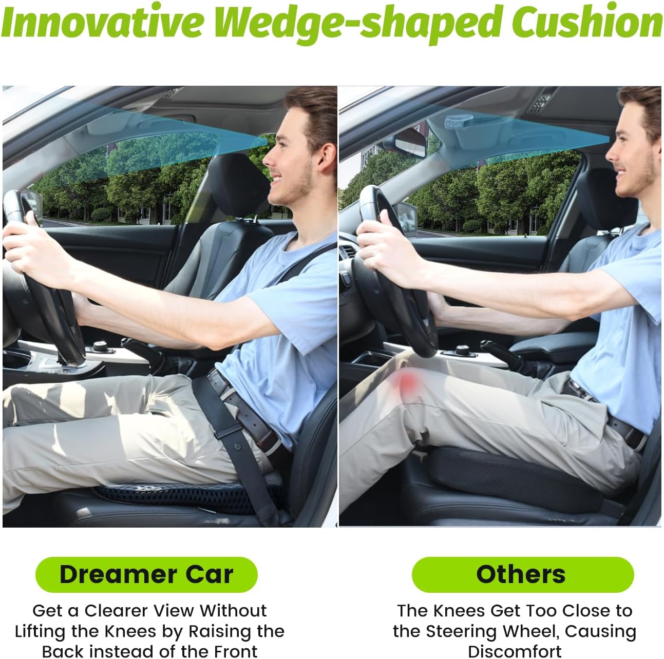 Soft Dense Memory Foam Car Seat Cushion for Driving - Seat Cushion for Car Seat Driver with Wedge Design & Raised Back to Broaden Vision, Provides Comfort for Lower Back & HIPS (Passenger Use Too)
