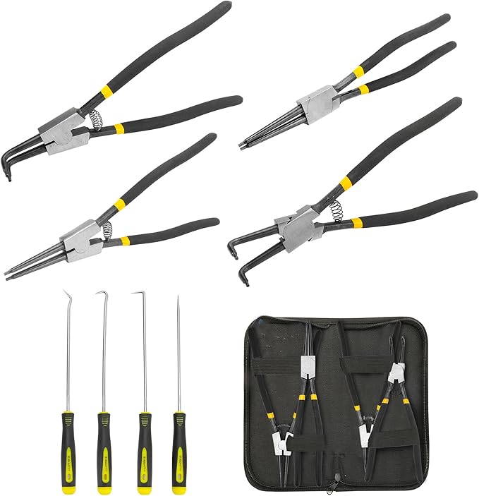 8 Pcs Extra Long Snap Ring Pliers with Hook Set, 13 inch Circlip Pliers Heavy Duty, Internal External C Clip Tool Straight Bent Jaws Retaining Ring Remover