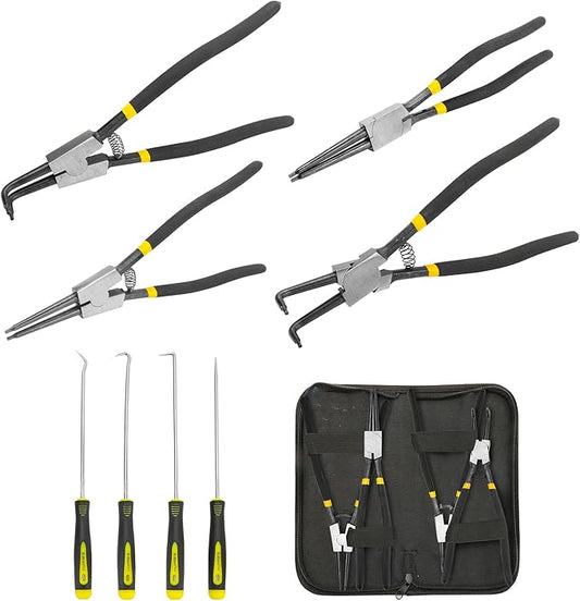 8 Pcs Extra Long Snap Ring Pliers with Hook Set, 13 inch Circlip Pliers Heavy Duty, Internal External C Clip Tool Straight Bent Jaws Retaining Ring Remover