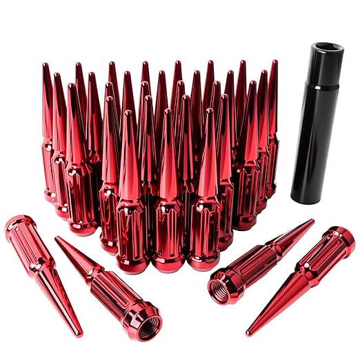 9/16-18 Spiked Lug Nuts, 3/4" Hex Closed End Nut with 1 Socket Key, Wheel Spiked Lug Nuts for Dodge Ram 1500 2500 3500, Ford F250 F350, Fit for Aftermarket Wheel (32Pcs,Red)