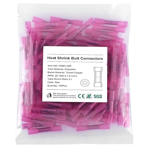 Heat Shrink Butt Connectors, 200Pcs 22-16 AWG Red Insulated Waterproof Electrical Wire Connectors Automotive Marine Grade Wire Crimp Terminals Butt Splices, Ideal for Boat, Truck, Stereo