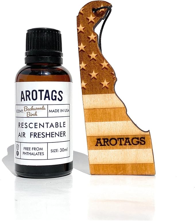 Arotags Car Air Freshener - Reusable Wood Diffuser - Hanging Odor Eliminator - Delaware Patriot - Balsam & Cedar Scent