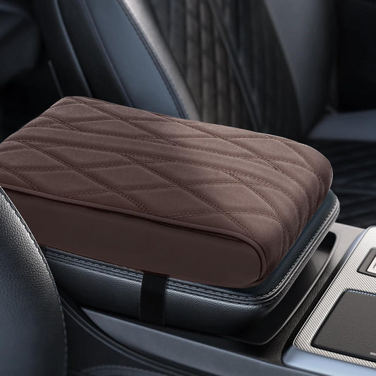 Memory Foam Car Armrest Cushion - Premium Leather Armrest Cover for Car, Comfortable Protection, Universal Fit Center Console Cover for Car, SUV, Sedan, Easy Installation (Brown)