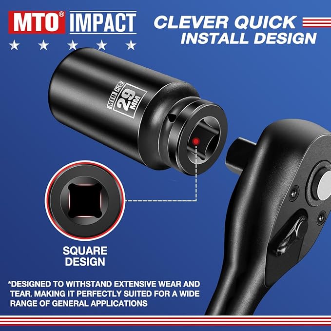 MTO 1/2" Drive 29mm Deep Impact Socket, 6-Point Metric Socket for Automotive Maintaince, CR-V Steel Meets ANSI Standards