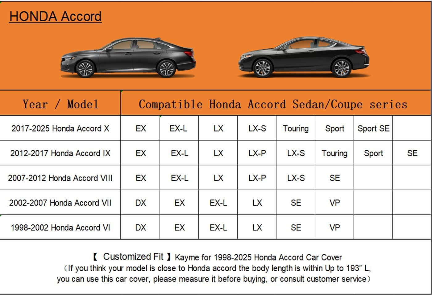 Kayme 6 Layers Car Cover Custom Fit for Honda Accord Sedan/Coupe (2001-2025) Waterproof All Weather for Automobiles, Outdoor Full Cover Rain Sun UV Protection with Zipper Cotton/Silver