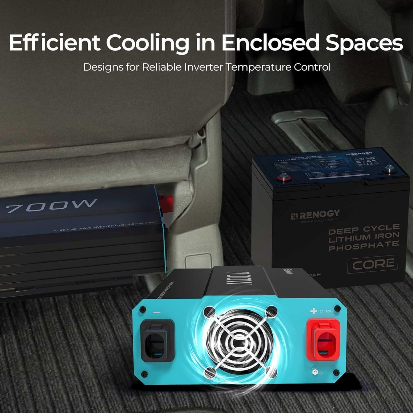 Renogy Inverter P2 700W Pure Sine Wave Inverter 12V DC to 120V AC, Off-Grid Solar Power Converter for Home, RV, Truck, Camping, with Built-in 5V/2.1A USB Port, AC Hardwire Port, Remote Controller