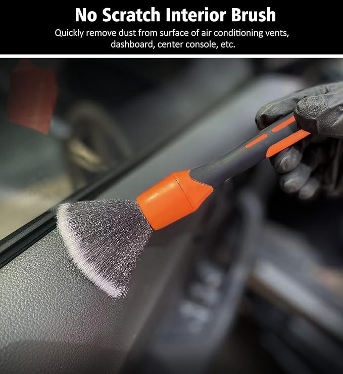 YeewayVeh 3pcs Car Detailing Brush Set, Boar Hair, Soft & Sharpened Bristles, Elbow Connection, Orange
