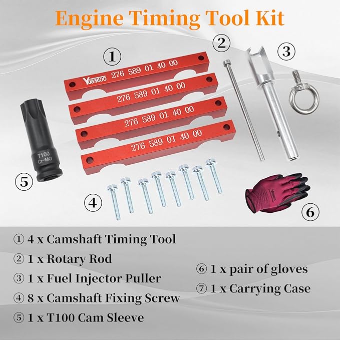 Engine Timing Tool Kit, Compatible with Mercedes Benz M157/M276/ M278, Camshaft Timing Tool with T100, Fuel Injector Puller, Rotary Rod, Fixing Screw, with Case and Gloves