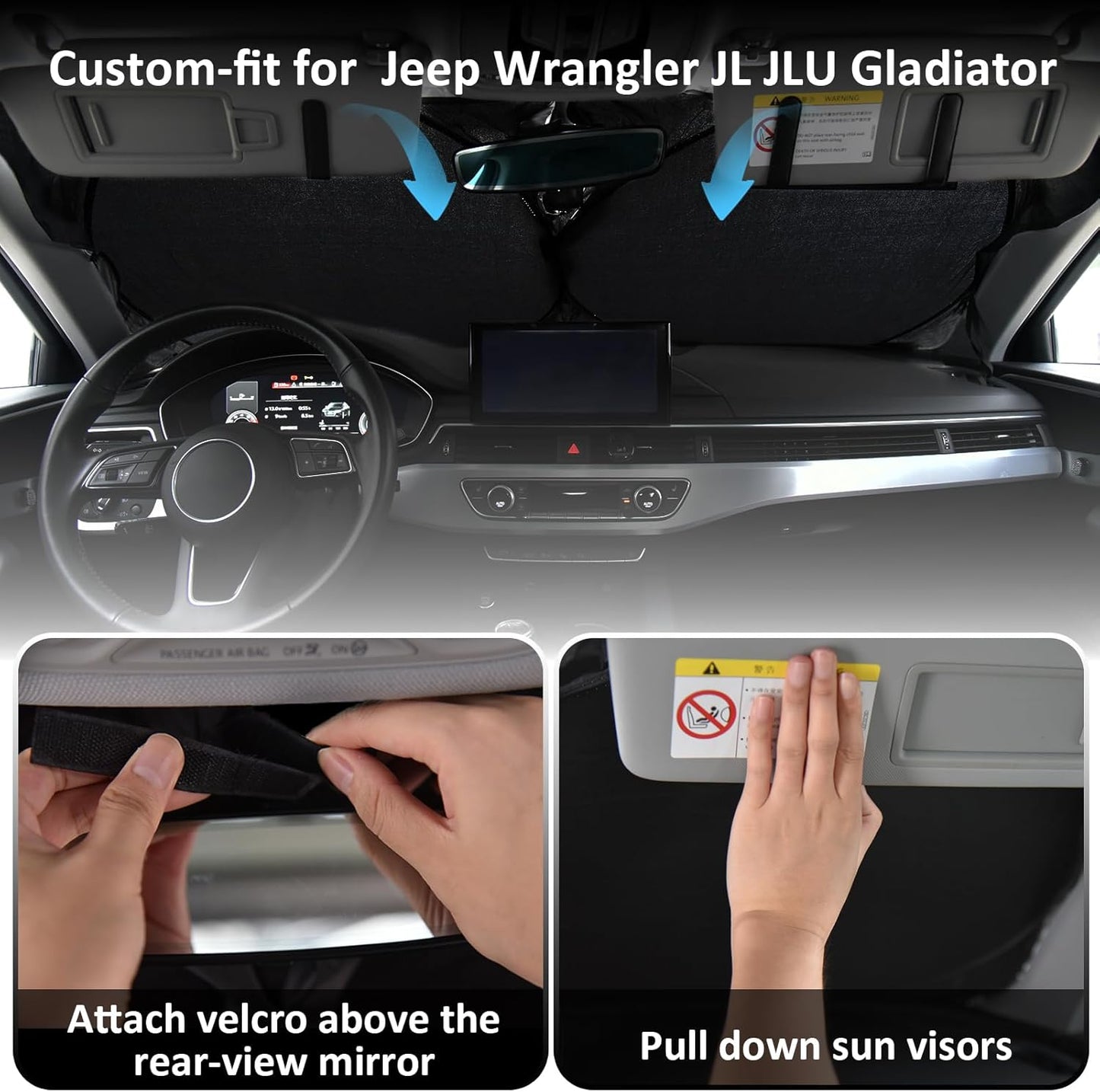 Sunshade Sun Shade for 2018-2024 2025 Jeep Wrangler JL JLu JK JKU Windshield Cover Custom Fit 2020-2025 2026 Jeep Gladiator Front Window Shields Protector 210T Reflective Blocks UV Rays Keep Cool