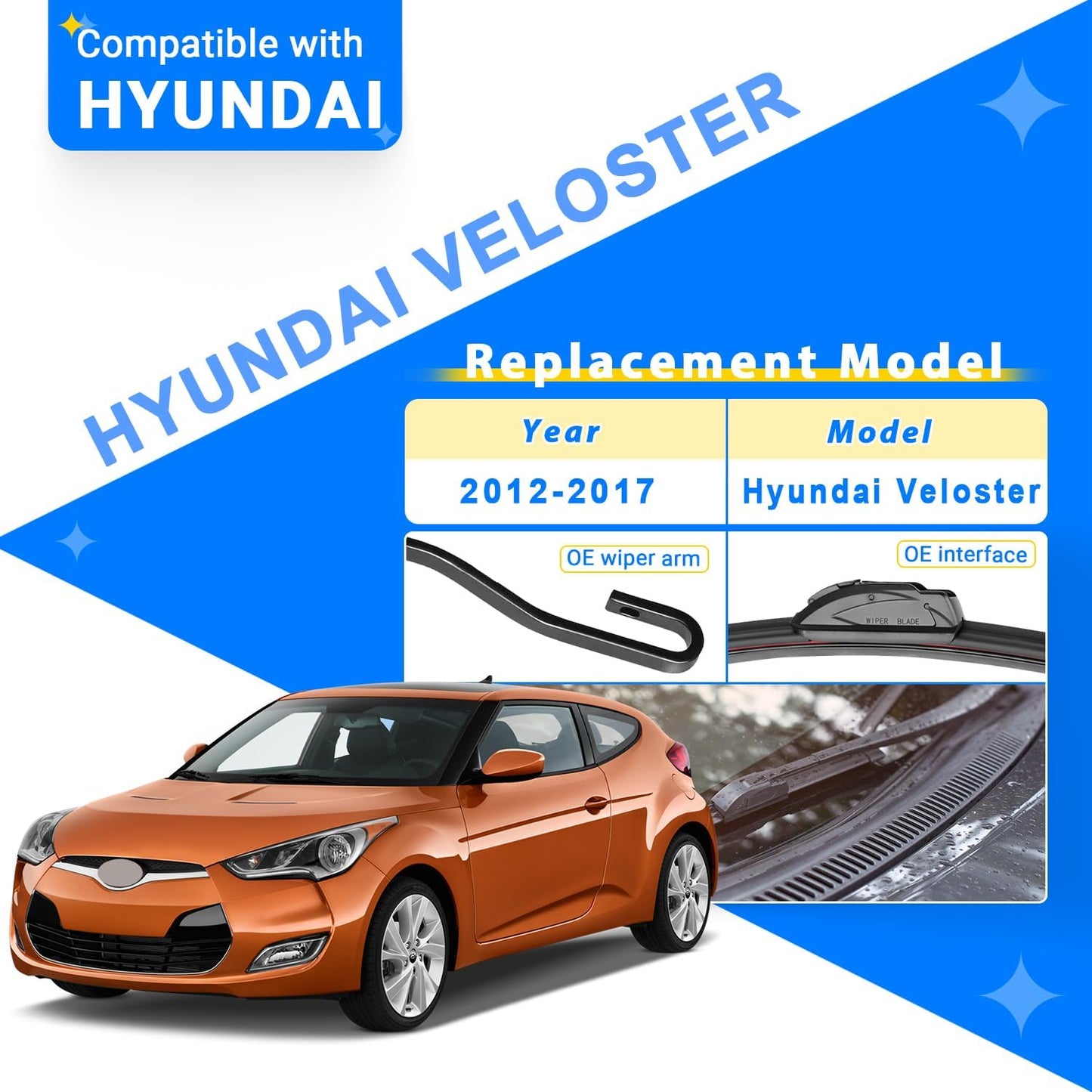 Windshield Wiper Blades Replacement for Hyundai Veloster 2012 2013 2014 2015 2016 2017 Original Factory Quality Front Rear Wipers Blade Set for My Car - 26" 18" 8" (Pack of 3)