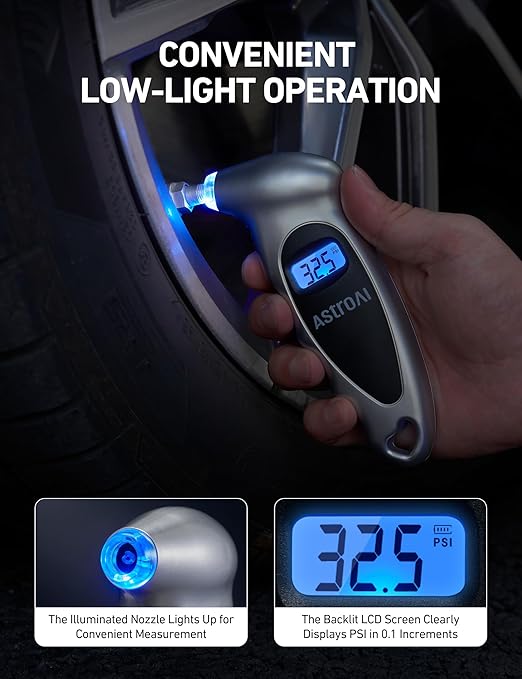 AstroAI Digital Tire Pressure Gauge 0-150PSI, Accurate in 0.1 Increments, Tire Gauge with Backlit LCD and Presta Valve Adaptor, 4 Units of Measurement for Car Truck Bicycle, Silver 3Pack