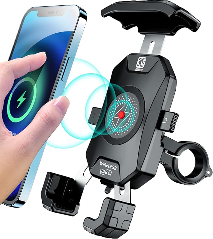 BRCOVAN Motorcycle Phone Mount Holder with Qi 15W Wireless Charger & PD/USB-C 20W Fast Charging Port, [1s Lock] Cellphone Cradle with Aluminum Alloy Handlebar Mounting Base for 4-7'' Smartphone