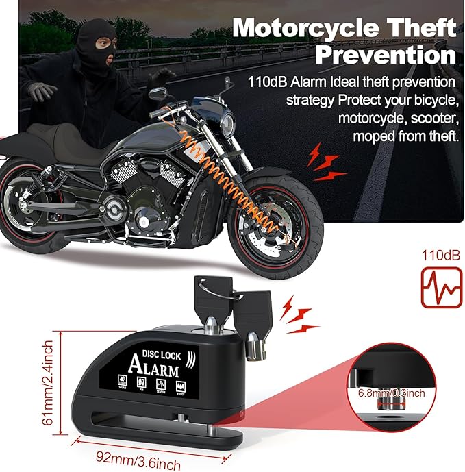 Motorcycle Lock Rechargeable, Alarm Disc Brake Lock with Reminder Cable, 110 dB Alarm Sound, Anti-Theft Waterproof, 2 H Fast-Charging, 9 Months Standby, 7 mm Lock Pin Universal for Bikes