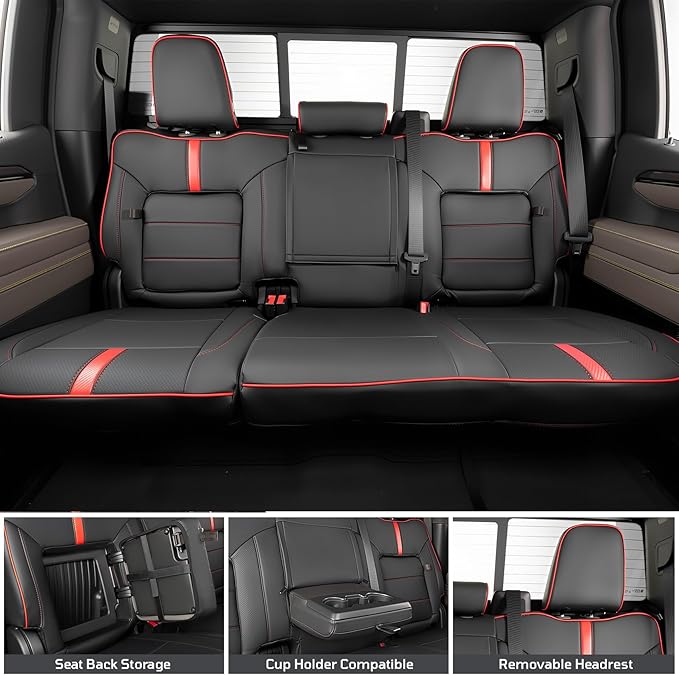 Seat Covers Fit for Chevy Silverado 1500 & GMC Sierra 1500 Crew Cab(2019-2025),Faux Leather Automotive Seat Covers,Custom Car Seat Covers Full Set,Black&Red(with Rear Cup Holder/Seat Back Storage)