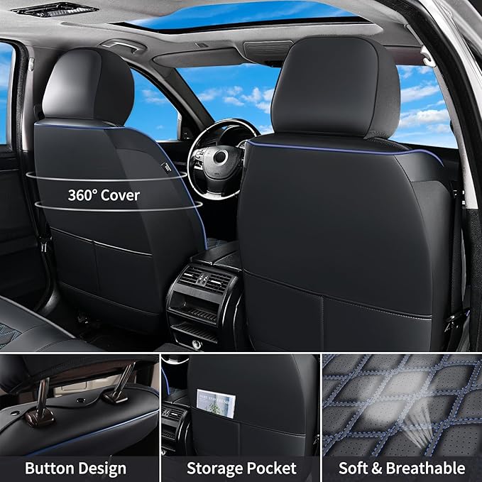 Huidasource Ford F150 Front Seat Covers, Full Coverage Faux Leather Pickup Seat Protector Fit for 2015-2025 Ford F150 SuperCrew & 2017-2025 F250 F350 F450 Super Duty Crew Cab (Front Pair/Black&Blue)