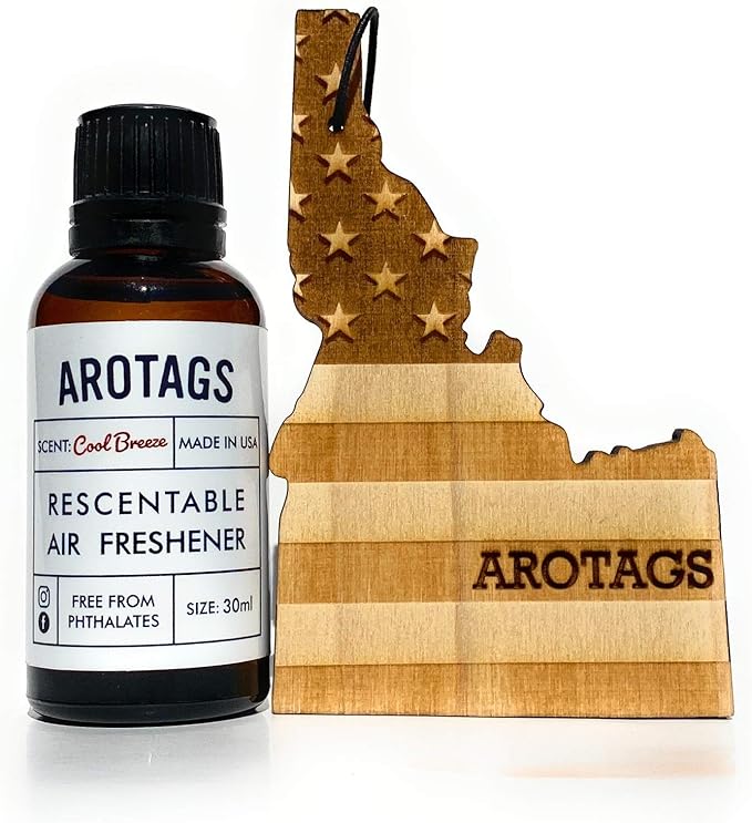 Arotags Car Air Freshener - Reusable Wood Diffuser - Hanging Odor Eliminator - Idaho Patriot - Cool Breeze Scent