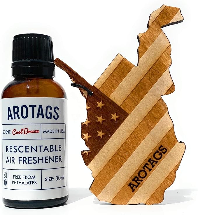 Arotags Car Air Freshener - Reusable Wood Diffuser - Hanging Odor Eliminator - West Virginia Patriot - Cool Breeze Scent