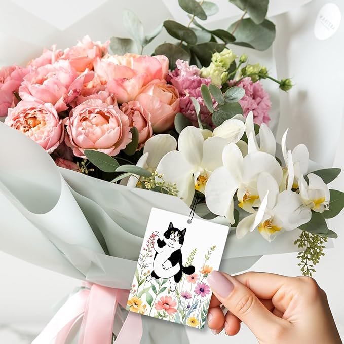 Floral Tuxedo Cat Car Air Freshener 4 Pcs, Black and White Cat Flower Hanging Scents Air Freshener for Women Girls Gifts, Cute Kitten Scented Car Accessories Decor for Room Closet Drawer