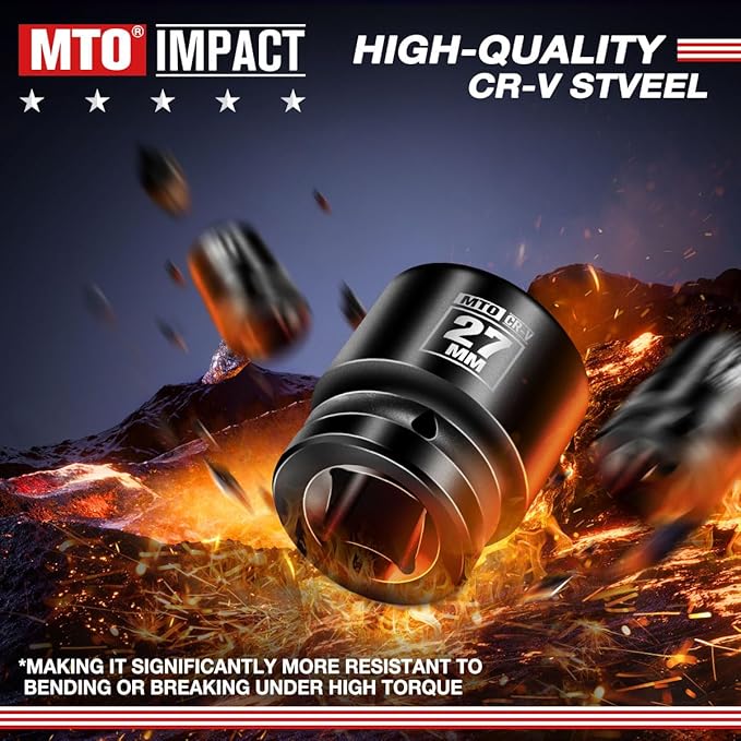 MTO 1/2" Drive 27mm Shallow Impact Socket, 6-Point Metric Socket for Automotive Maintaince, CR-V Steel Meets ANSI Standards