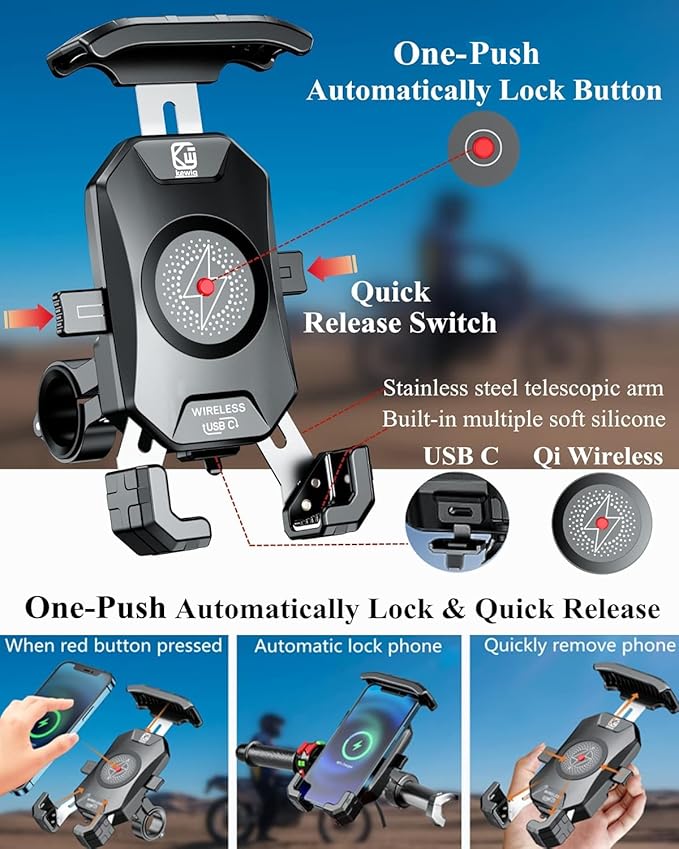 BRCOVAN Motorcycle Phone Mount Holder with Qi 15W Wireless Charger & PD/USB-C 20W Fast Charging Port, [1s Lock] Cellphone Cradle with Aluminum Alloy Handlebar Mounting Base for 4-7'' Smartphone